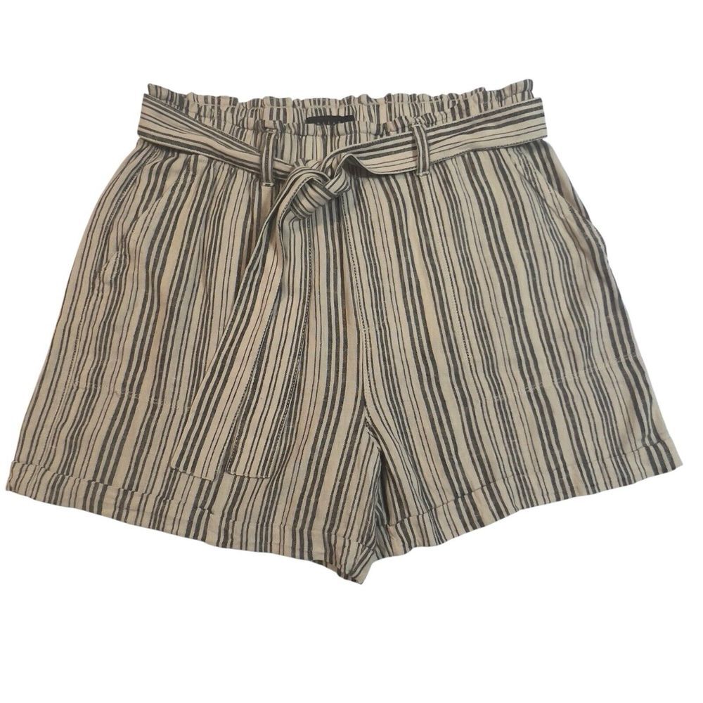 Sanctuary Linen Blend Tie Front Navy Striped Paper Bag Short XL Pockets Cuff Hem